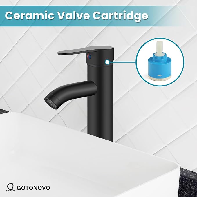 gotonovo Modern Vessel Sink Faucet with ABS Pop Up Drain, Matte Black | Modern Tall Bathroom Faucet 1 Hole Single Handle Round Body, cUPC Water Supply Hoses, Basin Mixer Tap for Vanity Lavatory Rv