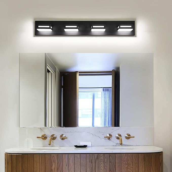 LED Modern Bathroom Light Fixtures, 4-Light 30-Inch Matte Black Vanity Lights for Bathroom Lighting Fixtures Over Mirror, 350° Rotatable Acrylic, 6000K Cool White Wall Lamp