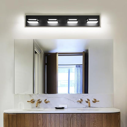 LED Modern Bathroom Light Fixtures, 4-Light 30-Inch Matte Black Vanity Lights for Bathroom Lighting Fixtures Over Mirror, 350° Rotatable Acrylic, 6000K Cool White Wall Lamp