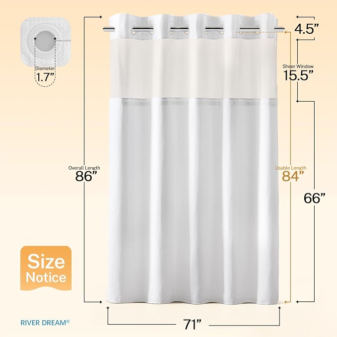 RiverDream Heavyweight Waffle No Hook Shower Curtain with Liner,White,71x86 | Dotted Waffle,Snap-in Liner,Heavy Duty,Quick Dry,Mesh Top Window,With Bottom Magnets,Hotel-Grade,Washable,Extra Long Size
