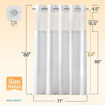RiverDream Heavyweight Waffle No Hook Shower Curtain with Liner,White,71x86 | Dotted Waffle,Snap-in Liner,Heavy Duty,Quick Dry,Mesh Top Window,With Bottom Magnets,Hotel-Grade,Washable,Extra Long Size