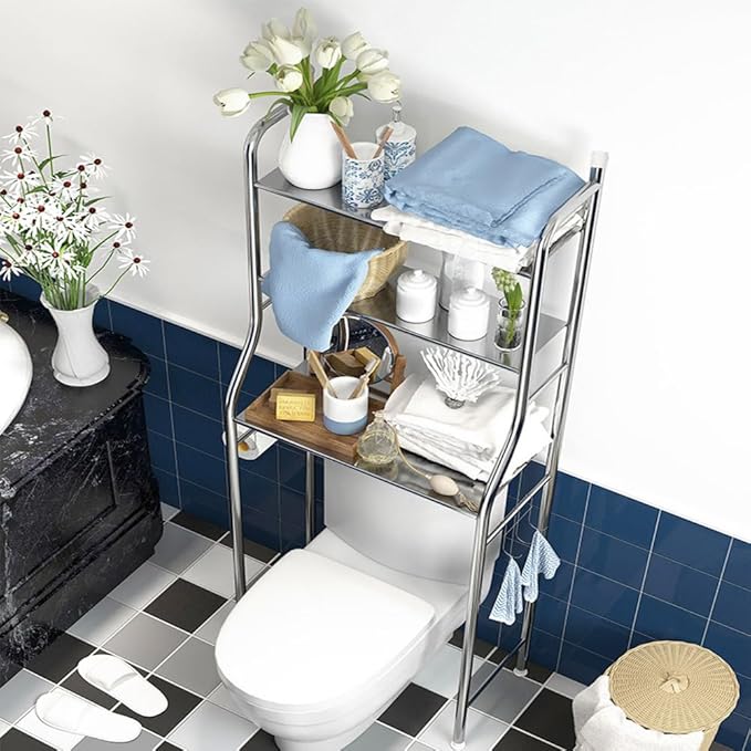 3-Tier Over The Toilet Storage, Over Toilet Bathroom Organizer, Freestanding Metal Bathroom Shelves, Over The Toilet Organizer with Hooks and Paper Holder, Space-Saving, Stainless Steel