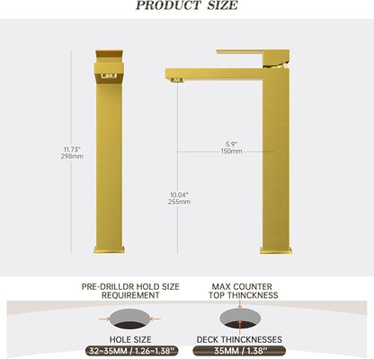 Brushed Gold Tall Bathroom Faucet Single Handle Vessel Sink Faucet Vanity Bathroom Faucet Above countertop Sink with Water Supply Hose and Pop Up Sink Drain,BF3530P-BG-V