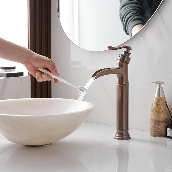 Copper Vessel Sink Faucet Tall Brass Waterfall Faucet for Vessel Sink | Bathroom Faucets Farmhouse Single Hole Single Handle Vanity Lavatory Without Overflow Pop Up Drain for Washroom by BATHLAVISH