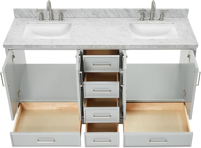 ARIEL Stafford 60-inch Bathroom Vanity with Sink,Solid Wood, 1.5-inch Italian Carrara Marble Countertop, Double Rectangular Porcelain Sink, 4 Soft Closing Doors, 6 Dovetail Drawers, Grey