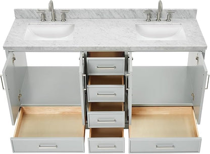 ARIEL Stafford 60-inch Bathroom Vanity with Sink,Solid Wood, 1.5-inch Italian Carrara Marble Countertop, Double Rectangular Porcelain Sink, 4 Soft Closing Doors, 6 Dovetail Drawers, Grey
