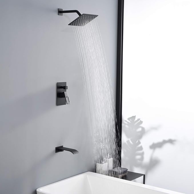 SUMERAIN Matte Black Tub and Shower Faucet Set | Anti-scalding Pressure Balance Valve, Waterfall Tub Spout, 8 Inch Rain Shower Head, With Non-return Check Valves