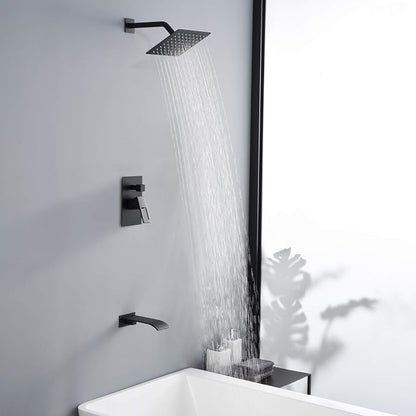 SUMERAIN Matte Black Tub and Shower Faucet Set | Anti-scalding Pressure Balance Valve, Waterfall Tub Spout, 8 Inch Rain Shower Head, With Non-return Check Valves