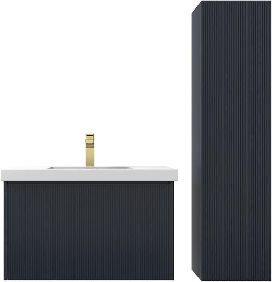 Blossom 30 Inch Bathroom Vanity with Sink and Side Cabinet, All Wood Floating Bathroom Vanity with Acrylic Sink, Bathroom Sink Cabinet with Soft-Close Drawer, Modern Style Vanities, Night Blue