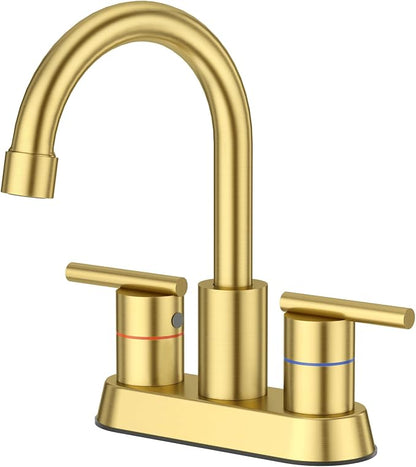Faustina Brushed Gold Bathroom Faucet, 4 Inch Centerset Faucets for Sink 2 Holes 3 Holes，Two Handles 304 Stainless Steel Faucet with Pup up Drain Assembly and 2 Water Supply Lines for RV Vanity