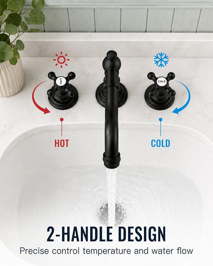 gotonovo Bathroom Faucet 3 Hole Vintage, Matte Black, Hot Cold Label | Widespread Bathroom Sink Faucet 8 Inch 2 Cross Handles,Pop Up Drain,cUPC Supply Line,4-15.7” Install,for Vanity Farmhouse RV