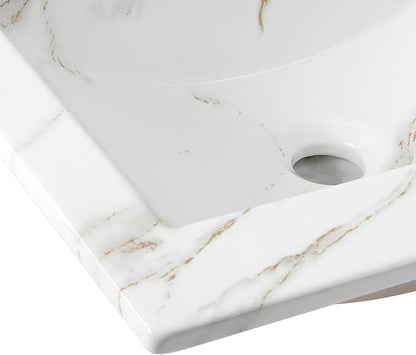 JONATHAN Y SNK1000C Ancillary 3-Hole 20 in. W x 18.25 in. D Classic Contemporary Rectangular Ceramic Single Sink Basin Vanity Top, White Marble Effect