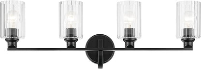 Kichler Gioe 32.25" 4-Light Vanity Light with Clear Fluted Glass in Black, Damp Rated, for Bathroom,Powder Room, Over a Mirror, (32.25" W x 10.5" H), 55227BKFLU