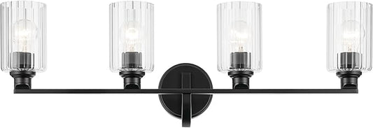 Kichler Gioe 32.25" 4-Light Vanity Light with Clear Fluted Glass in Black, Damp Rated, for Bathroom,Powder Room, Over a Mirror, (32.25" W x 10.5" H), 55227BKFLU