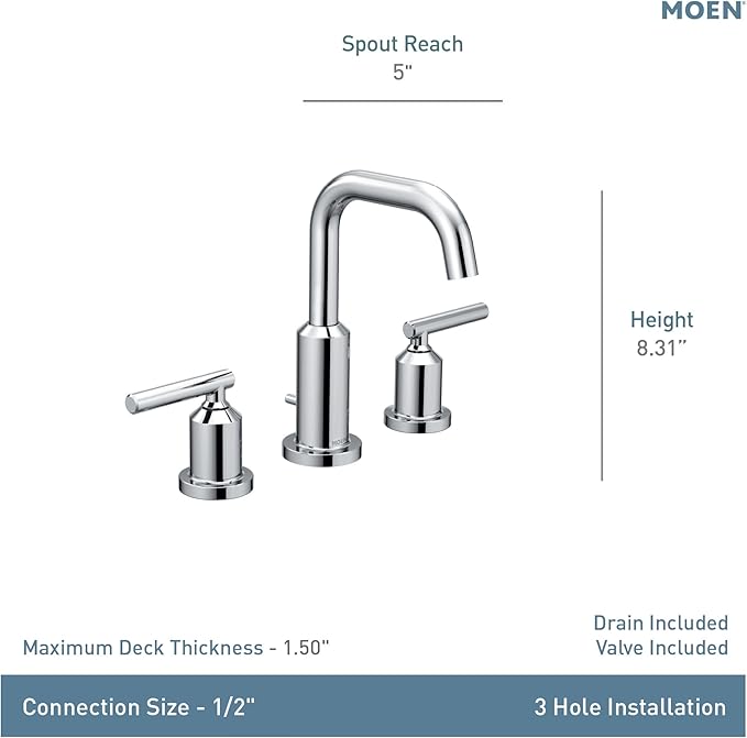 Moen Gibson Two-Handle High Arc Widespread Modern Bathroom Sink Faucet for 3-Hole Setups with Valve Included, Chrome, TV6142