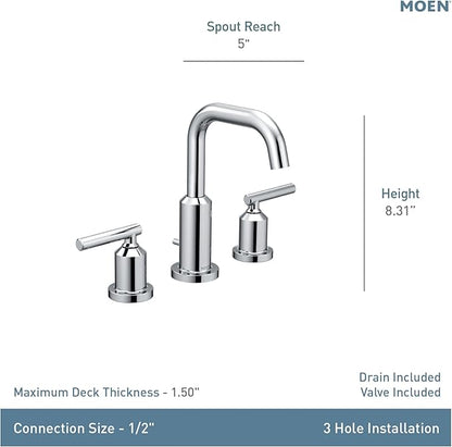 Moen Gibson Two-Handle High Arc Widespread Modern Bathroom Sink Faucet for 3-Hole Setups with Valve Included, Brushed Nickel, TV6142BN