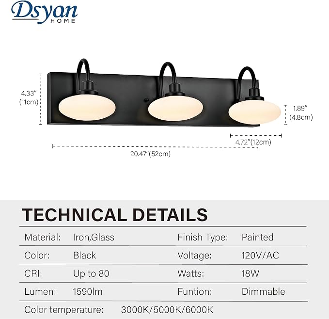 3-Light Matt Black Bathroom Vanity Light Fixture, LED Wall Sconce Over Mirror,Modern Vanity Light with Selectable Tempreture 3000K-6000K,Dimmable Mirror Light for Bathroom,Hallway, Cloakroom
