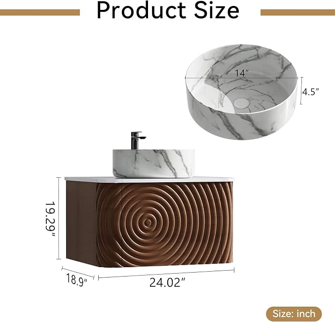 24" Floating Bathroom Vanity with Sink, Mid-Century Wall Mounted Bathroom Vanity Cabinet with Waved Decor, Marble Ceramic Basin, Sintered Stone Top, Soft Close Storage Drawer, Natural