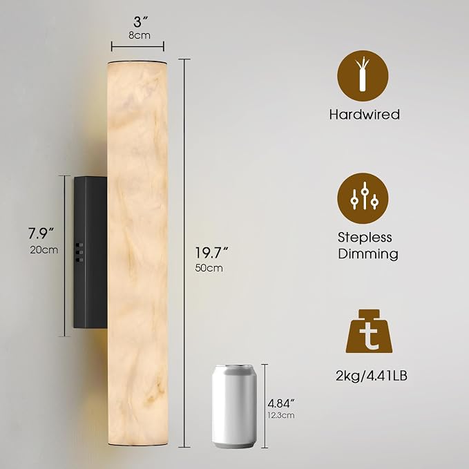 Alabaster Wall Sconce, 20" Matte Black Linear Wall Sconces, 3000K Dimmable Artisan-Cast Alabaster Sconce for Living Room, Modern Wall Lighting for Bathroom, Bedroom, Hallway, 1 Pack, Faux Alabaster