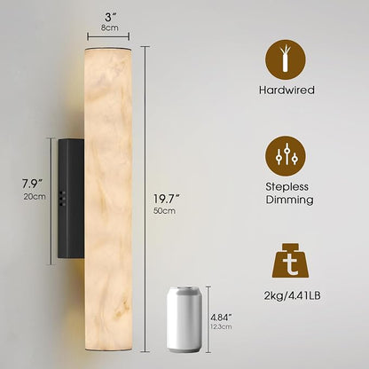 Alabaster Wall Sconce, 20" Matte Black Linear Wall Sconces, 3000K Dimmable Artisan-Cast Alabaster Sconce for Living Room, Modern Wall Lighting for Bathroom, Bedroom, Hallway, 1 Pack, Faux Alabaster