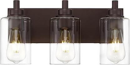 3-Light Bathroom Light Fixtures, Modern Vanity Light with Cylinder Clear Glass Shade, Vanity Lighting Fixtures Over Mirror, Oil Rubbed Bronze, VL143-ORB-3