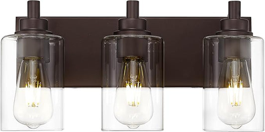 3-Light Bathroom Light Fixtures, Modern Vanity Light with Cylinder Clear Glass Shade, Vanity Lighting Fixtures Over Mirror, Oil Rubbed Bronze, VL143-ORB-3