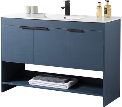 Phoenix 48 Inch Bathroom Vanity with Sink – Modern Design, Soft-Close Doors, Storage Drawers, Durable Build – Navy Blue Vanity for Small Bathrooms (Full Assembly Required)