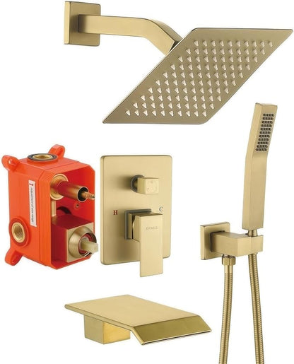 JOYWELL Bathroom Shower Faucets sets Complete Brushed Gold | Bath tub Shower Faucet set with 8" Shower Head,Handheld Shower Sprayer and waterfall Tub Faucet Combo