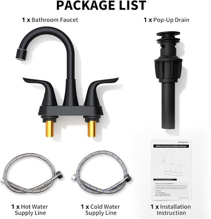 Bathroom Sink Faucet 4 inch, NSF Certified, 3 Hole, Matte Black | 2 or 3 Hole, Vanity Faucet with Pop-up Drain and 2 Supply Hoses, 2 Handle Touch on Bathroom Sink Faucets