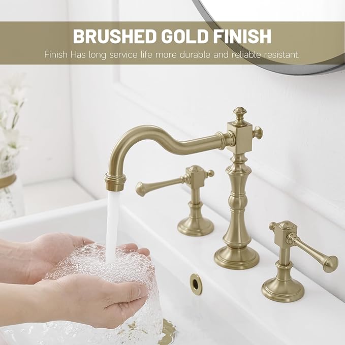 BWE 8 Inch Vintage Brass Bathroom Faucet for Sink 3 Hole Brushed Gold Bathroom Sink Faucet with Pop-up Drain and Supply Lines 2 Handle Widespread Bathroom Faucet Solid Brass