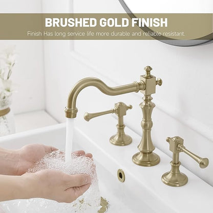 BWE 8 Inch Vintage Brass Bathroom Faucet for Sink 3 Hole Brushed Gold Bathroom Sink Faucet with Pop-up Drain and Supply Lines 2 Handle Widespread Bathroom Faucet Solid Brass