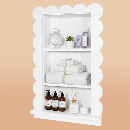 Royxen Bathroom Wall Cabinet with 3-Tier Shelves,Wooden Recessed Medicine Cabinet Over Toilet Storage Cabinet,Scalloped Large Medicine Cabinet Niche for Bathroom Storage Organizer,18 x 24 Inch, White