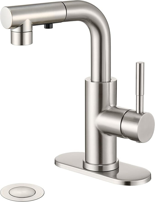 Ultimate Unicorn Brushed Nickel Single Handle Modern Bathroom Faucet with Pull Out Sprayer, 15.5" Retractable Hose, 360 Swivel Spout, Pop Up Drain, Stainless Steel, 1 Hole Installation