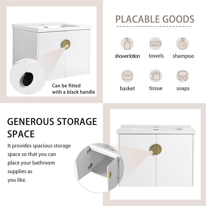 28inch Wall Mount Bathroom Vanity w/Sink Combo for Small Space, Modern Ceramic Countertop Double Door Cabinet, Floating White Vanity Set w/Gold Handle