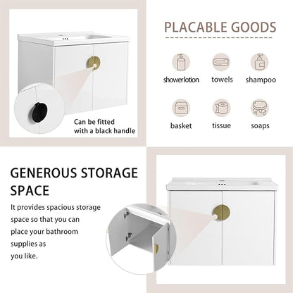 28inch Wall Mount Bathroom Vanity w/Sink Combo for Small Space, Modern Ceramic Countertop Double Door Cabinet, Floating White Vanity Set w/Gold Handle