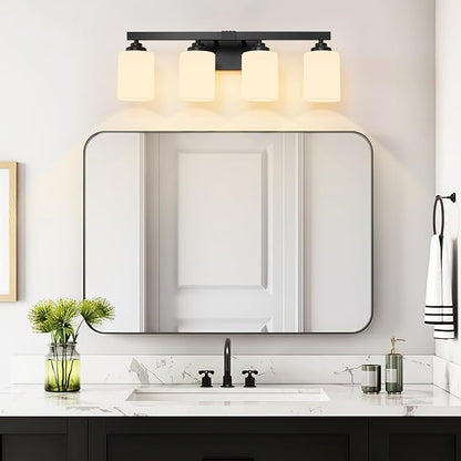 Bathroom Light Fixtures, Vanity Light Over Mirror Black 4-Light Fixture | Modern bathroom vanity light fixture with metal frame, ideal for mirrors, bedrooms and hallways. Fits E26 bulbs.