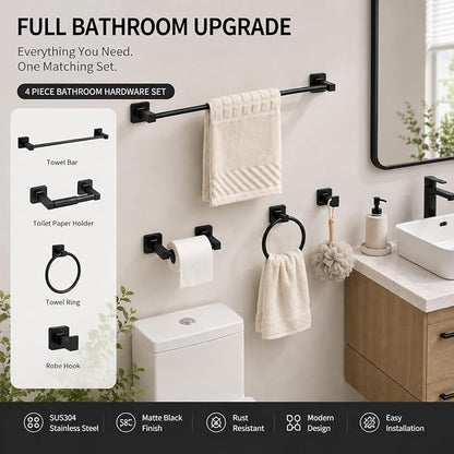 Matte Black Bathroom Hardware Set 4 Pieces,Bathroom Accessories Set Stainless Steel Wall Mounted, Hand Towel Bar, Towel Ring, Robe Towel Hooks,Toilet Paper Holder,Towel Bar Set, 23.6 Inch
