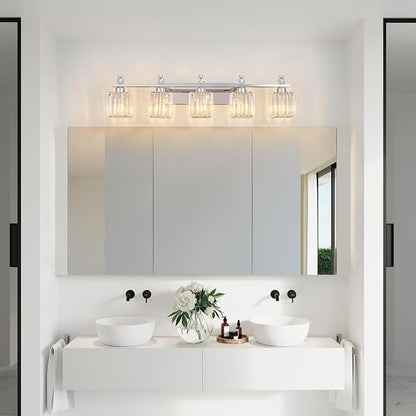 Vanity Lights 5-Light Modern Crystal Vanity Light Chrome Bathroom Light Fixtures Over Mirror Crystal Bathroom Vanity Lighting Fixtures