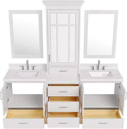 ARIEL Stafford 84-inch Bathroom Vanity with Sink,Solid Wood, 1.5-inch Carrara White Quartz Countertop, Double Rectangular Porcelain Sink, 5 Soft Closing Doors, 6 Dovetail Drawers, Espresso