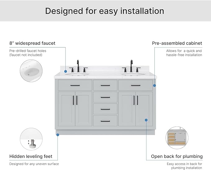 ARIEL Hepburn 60-inch Bathroom Vanity with Sink,Solid Wood, 1.5-inch Carrara White Quartz Countertop & Backsplash, Double Oval Porcelain Sink, 4 Soft Closing Doors, 6 Dovetail Drawers, Grey