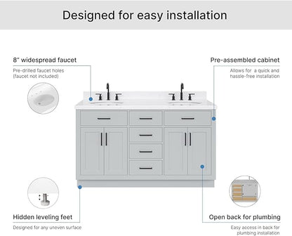 ARIEL Hepburn 60-inch Bathroom Vanity with Sink,Solid Wood, 1.5-inch Carrara White Quartz Countertop & Backsplash, Double Oval Porcelain Sink, 4 Soft Closing Doors, 6 Dovetail Drawers, Grey