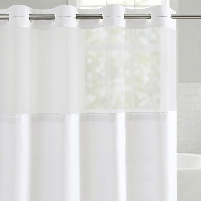 Americanflat 72x75 Hookless Shower Curtain - Water-Resistant Striped Shower Curtain with Sheer Panel, Snap-in Liner, and Durable Grommets - 100% Polyester - Black and White