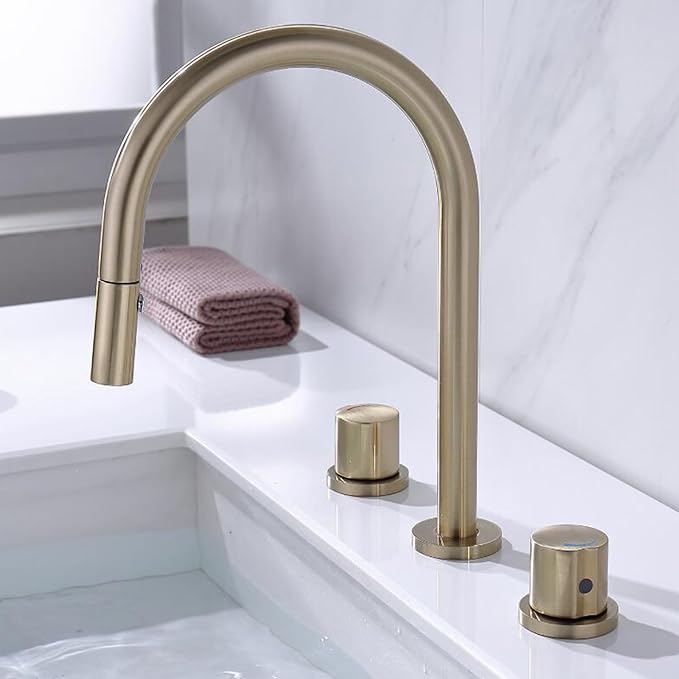 3 Hole Basin Faucets Pull Out Basin Mixer Faucet Bathroom Mixer Faucet 2 Mode Nozzle Hot and Cold Water Brass Double Handle-Brushed Gold