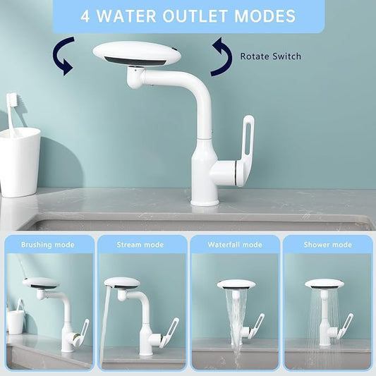 Bathroom Sink Faucet 1 Hole, White Multifunctional Basin Faucet with 4 Water Outlet Modes, Modern 360°Rotatable Bar Tap with Two Water Supply Pipes