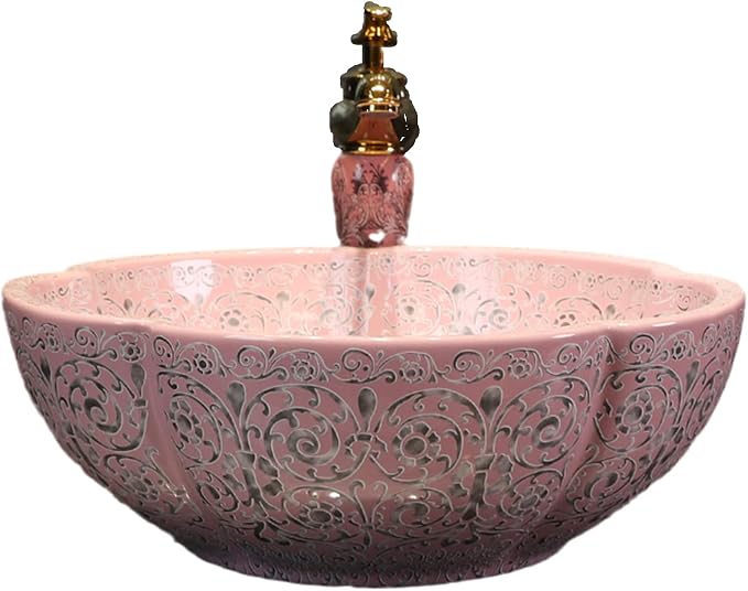 Bathroom Vessel Sinks Art Vintage Style Pink Flower Ceramic Above Counter Sink For Vanity Top