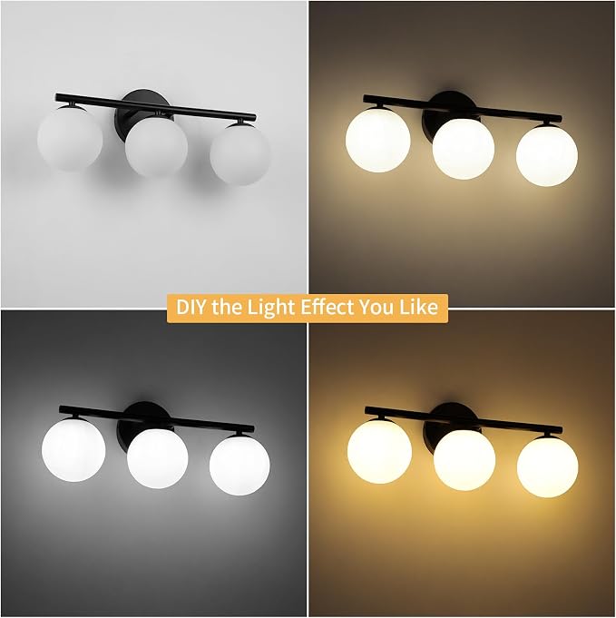 foucasal Black 3-Light Globe Bathroom Vanity Light Fixture Over Mirror | G9 Socket, Plastic Milk Globe Shades, 4.72" Base, 10W Max, Adjustable Up/Down Light, Mid Century Style for Bathroom Bedroom