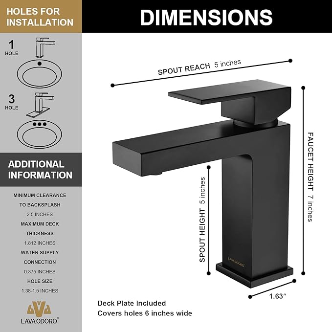 Lava Odoro Matte Black Bathroom Faucet 1 Hole, Modern Single Hole Bathroom Sink Faucet for Vanity with Pop up Drain Assembly, Deck Plate Included, 1.2 GPM Water Flow, BF307-B