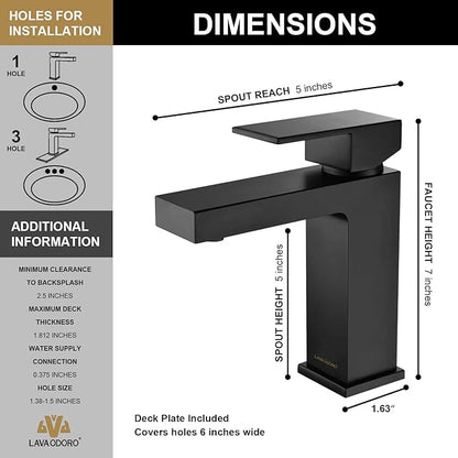 Lava Odoro Matte Black Bathroom Faucet 1 Hole, Modern Single Hole Bathroom Sink Faucet for Vanity with Pop up Drain Assembly, Deck Plate Included, 1.2 GPM Water Flow, BF307-B