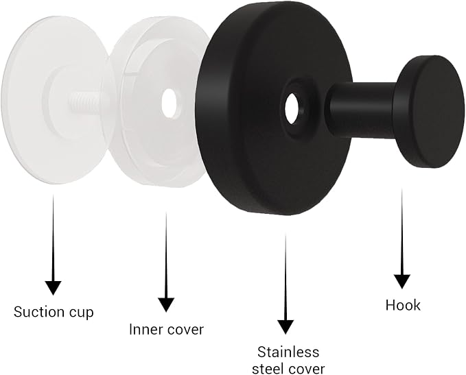 Suction Cup Hooks for Shower - 4 Pack, Matte Black - Stainless Steel, Strong Suction, No Drill, Removable Hanger, Tile Bathroom Kitchen Wall, Glass Door, Mirror Hook Hanging Robe, Towel Holder