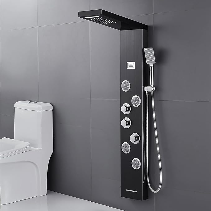 MENATT LED Shower Panels Tower System, SUS304 Stainless Steel Bathroom Shower Panel System with 4 Body Jets, Rainfall, Waterfall, Handheld Shower, Tub Faucet (Black)